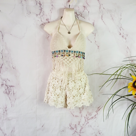 Crochet Lace Halter Women Shorts - Cream - Picture 1 of 7